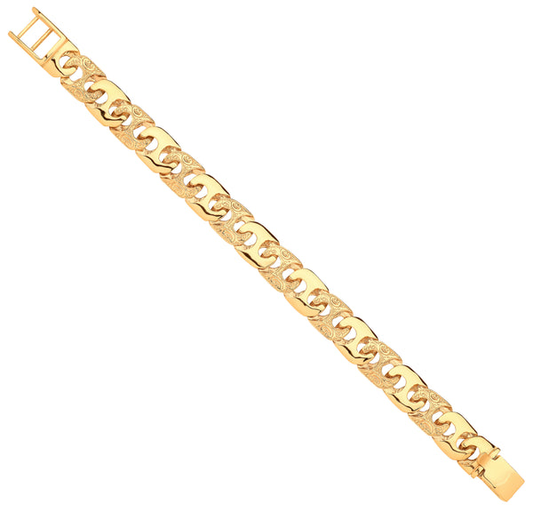 Yellow Gold 14mm Plain & Engraved Anchor Medium Link Gents Bracelet