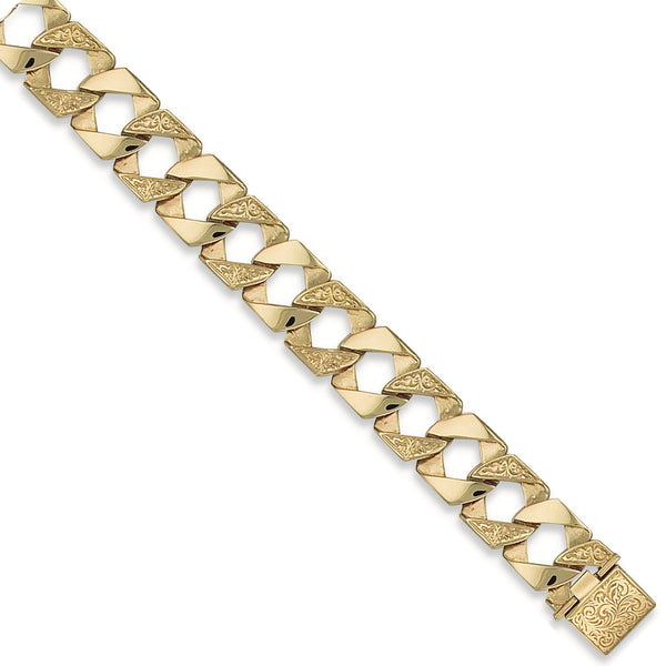 Yellow Gold 17mm Plain & Patterned Casted Curb Bracelet