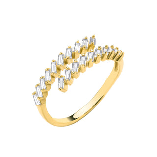 Yellow Gold Cross-over CZ Baguettes Ladies Ring