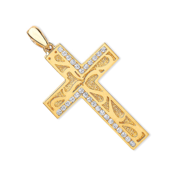 Yellow Gold CZ Cross With Design