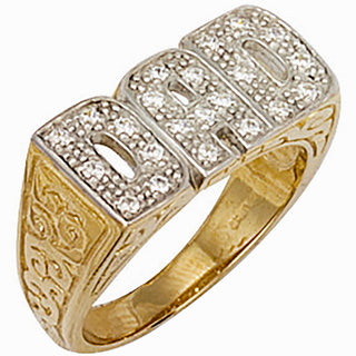 Yellow Gold CZ Patterned Sides Dad Ring
