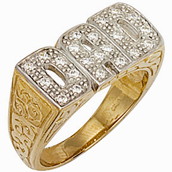 Yellow Gold CZ Patterned Sides Dad Ring