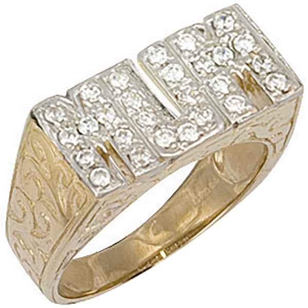 Yellow Gold CZ Patterned Sides Mum Ring