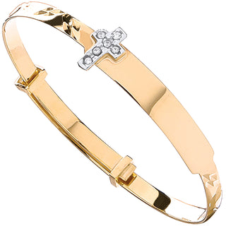 Yellow Gold D/c Expandable Baby Bangle CZ Cross