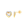 Yellow Gold Double Hearts, Plain & CZ's Stud Earrings
