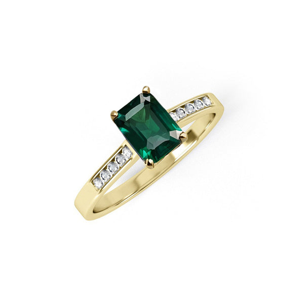 Yellow Gold Emerald Cut Green CZ Ladies Ring