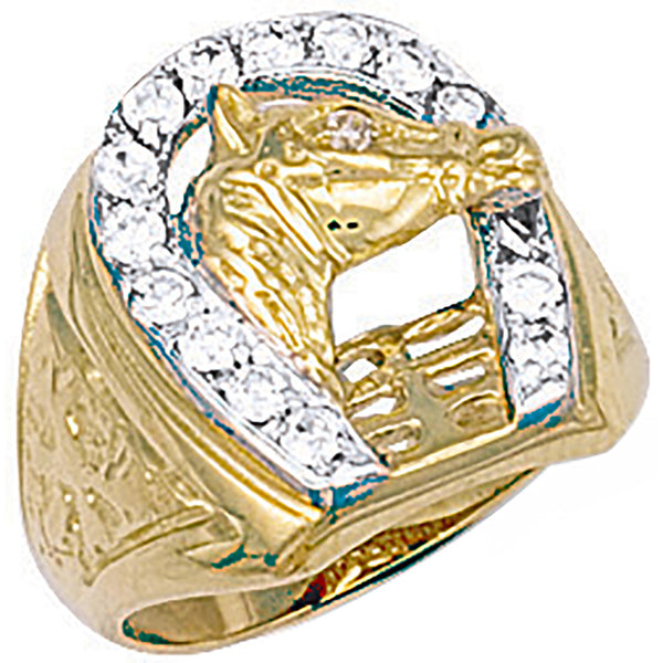 Yellow Gold Horse Shoe & Head CZ Ring 6.8g