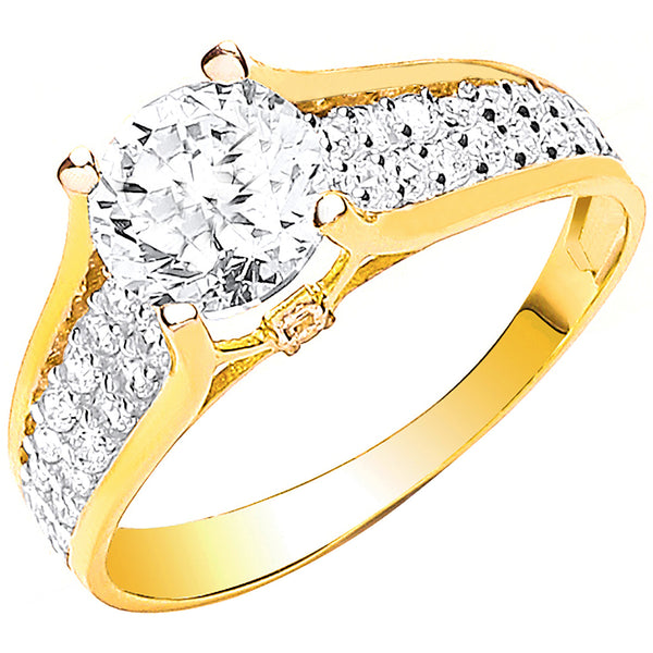 Yellow Gold Ladies Single Stone Two Row CZ Shoulder Ring
