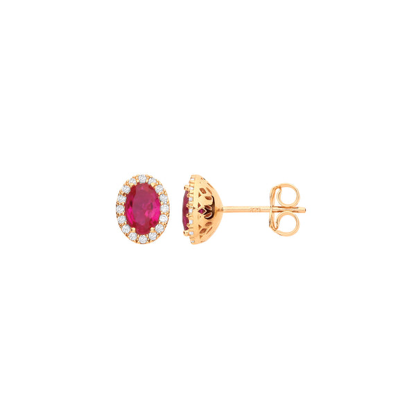 Yellow Gold Oval Ruby Red CZ Stud Earrings