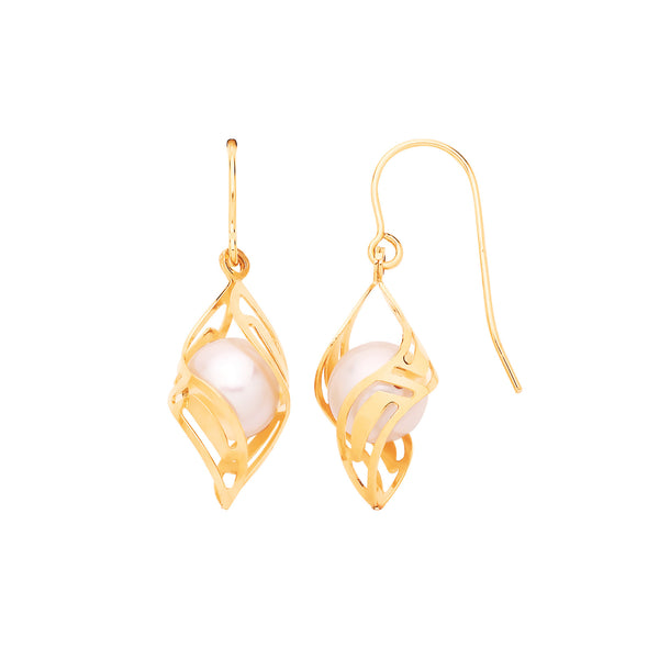 Yellow Gold Pearl Fancy Drop Earrings