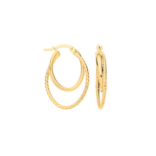 Yellow Gold Plain & Twisted Oval Hoop Earrings