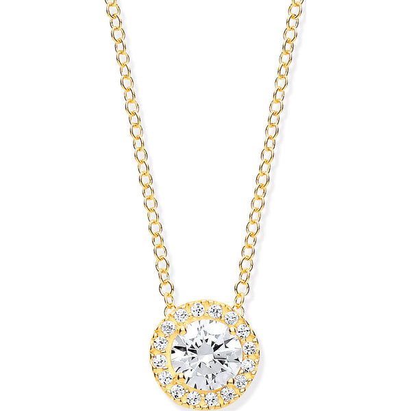 Yellow Gold Round CZ Halo Pendant On 18" Chain
