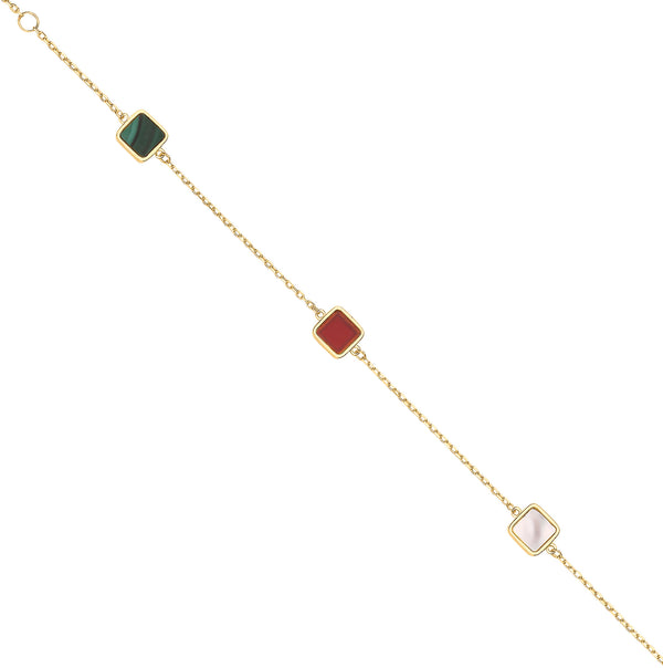 Yellow Gold Rubover Squares, White, Red & Green 18"necklace/07" Bracelet