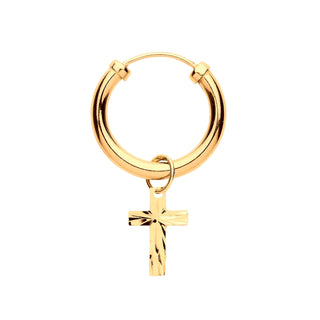 Yellow Gold Sleeper With Cross Charm Men's Single Earring