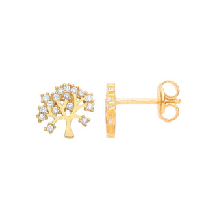 Yellow Gold Tree Of Life Stud CZ Earrings