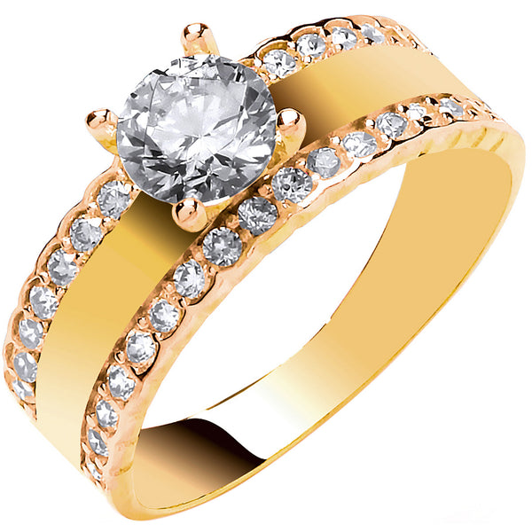 Yellow Gold With Two Rows Of CZ's Engagement Ring