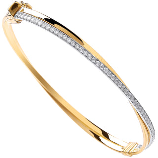 Yellow Gold X Over CZ Ladies Bangle