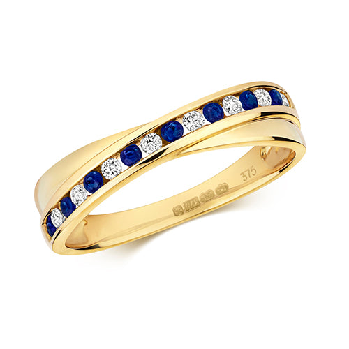9ct Yellow Gold Diamond & Sapphire Crossover Ring