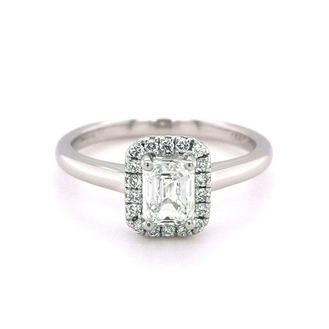 Platinum 0.70ct Emerald Diamond Halo Ring