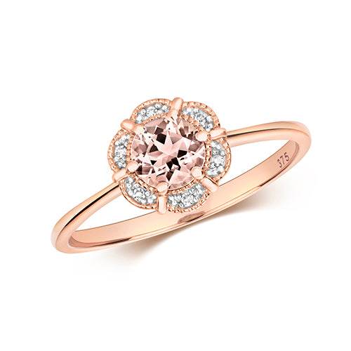 9ct Rose Gold Morganite And Diamond Set Ring
