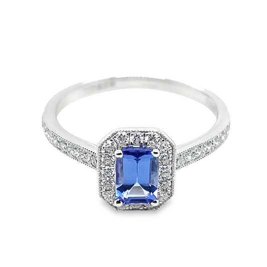 9K White Gold Emerald Cut Tanzanite & Diamond Halo Ring