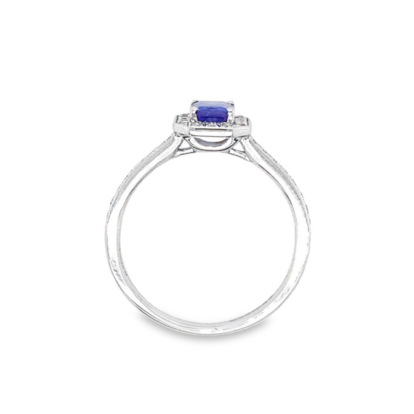 9K White Gold Emerald Cut Tanzanite & Diamond Halo Ring