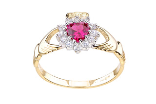 9ct Yellow Gold CZ Ruby Claddagh Ring