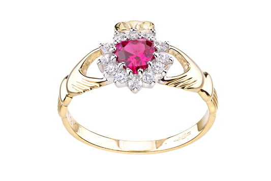 9ct Yellow Gold CZ Ruby Claddagh Ring