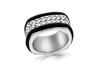 Sterling Silver Herringbone Leather Ring