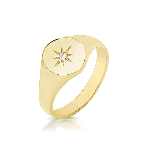 9K Yellow Gold Diamond Star Signet Ring