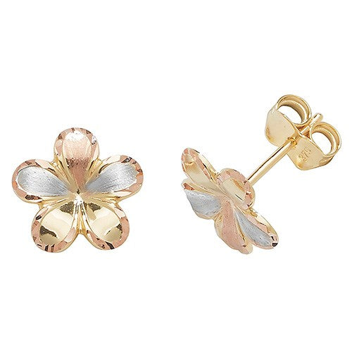 9ct 3-Coloured Gold Flower Stud Earrings