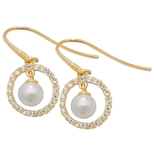 9ct Yellow Gold CZ & Cultured Pearl Drop Earrings