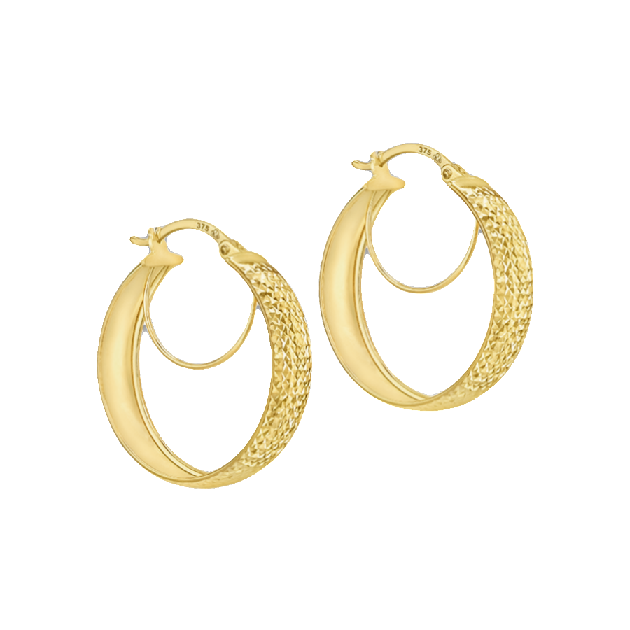 9K Yellow Gold Textured Double Hoop Earrings