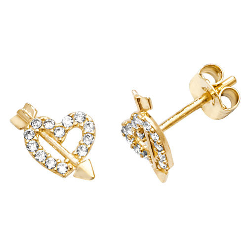 9ct Yellow Gold Heart & Arrow CZ Stud Earrings