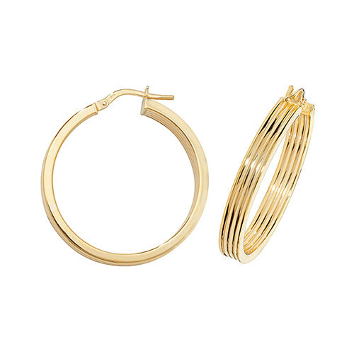 9K Yellow Gold 25mm Ridged Hoop Earrings