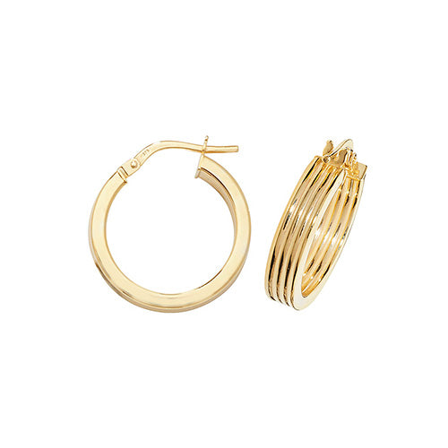 9K Yellow Gold 15mm Ridged Hoop Earrings