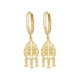 9K Yellow Gold Filigree Drop Hoop Earrings