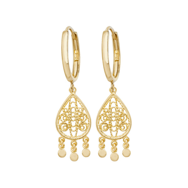 9K Yellow Gold Filigree Drop Hoop Earrings