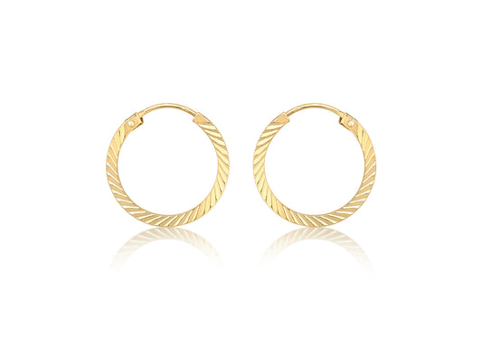 9K Yellow Gold Pleat Diamond Cut Teeny Hoop Earrings