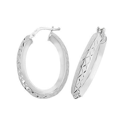 Sterling Silver Diamond Cut Oval Hoop Earrings