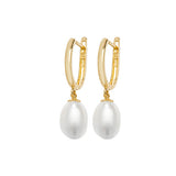 9K Yellow Gold Pearl Drop Hoop Earrings