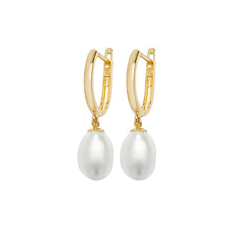 9K Yellow Gold Pearl Drop Hoop Earrings