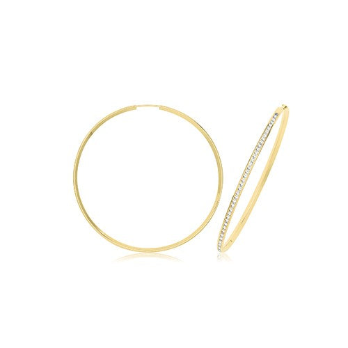 9K Yellow Gold Thin CZ Large Hooped Earrings