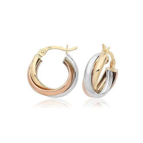 9K 3-Coloured Gold Triple Twist Hoop Earrings