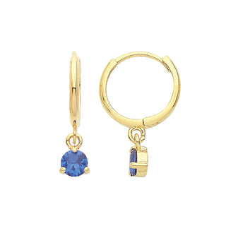 9K Yellow Gold Blue CZ Drop Hoop Earrings