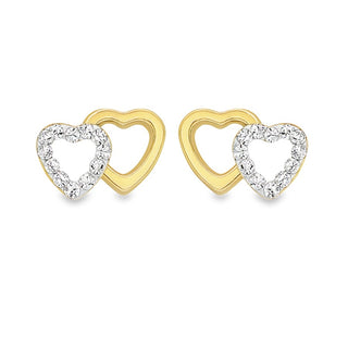 9K Yellow Gold Double Open Heart CZ Stud Earrings
