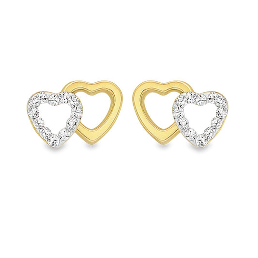 9ct Yellow Gold Double Open Heart CZ Stud Earrings