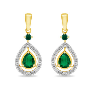 9K Yellow Gold Emerald and Diamond Drop Earrings