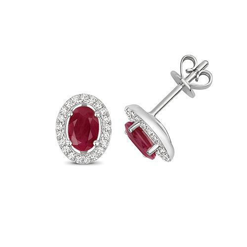 9K White Gold Ruby & Diamond Halo Stud Earrings