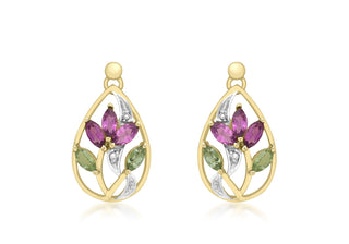9ct Yellow Gold Tourmaline & Diamond Lotus Drop Earrings